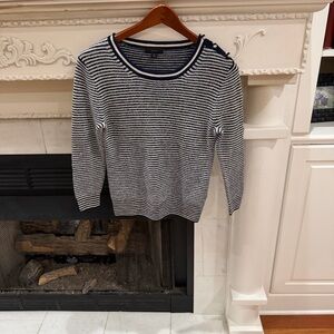 Women’s J. Crew Navy and White Striped Merino Wool Sweater with button detail